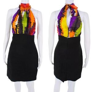 Trina Turk High Waist Halter Dress Size 6 Abstract Silk Bodice Black Skirt Sexy‎